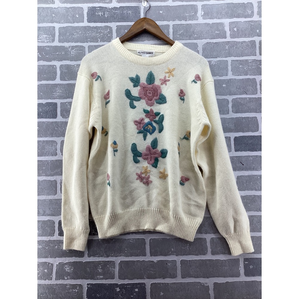 Alfred Dunner Vintage Floral Embroidered‎ Sweater Cream Knit Pullover Womens L
